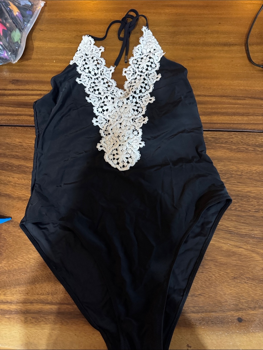Black One-Piece Swimsuit with White Crochet V-Plunge